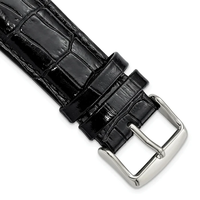22mm Short Black Crocodile Grain Chronograph Leather with Silver-tone Buckle 6.75 inch Watch Band