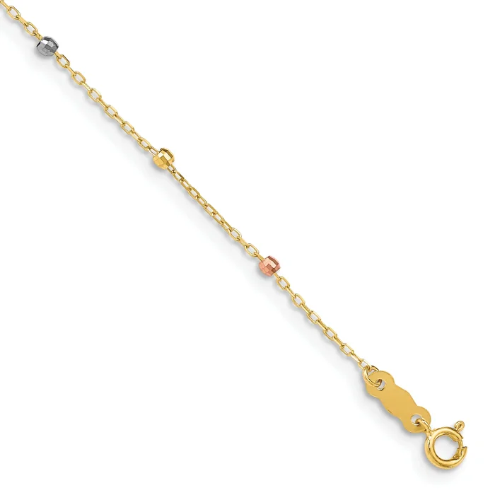 7 Inch 14K Tri Colored Gold Diamond Cut Beaded Cross W/1 In Ext Bracelet