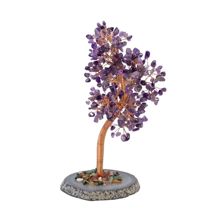 8″ Amethyst Copper Wire Beaded Tree on Agate Slice Base – Large