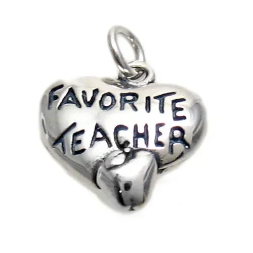 “Favorite Teacher” on Heart & Apple Charm. Sterling Silver