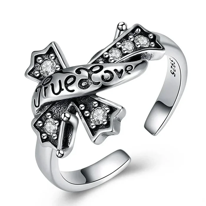 “True Love” Cubic Zirconia Cross 925 Sterling Silver Adjustable Ring