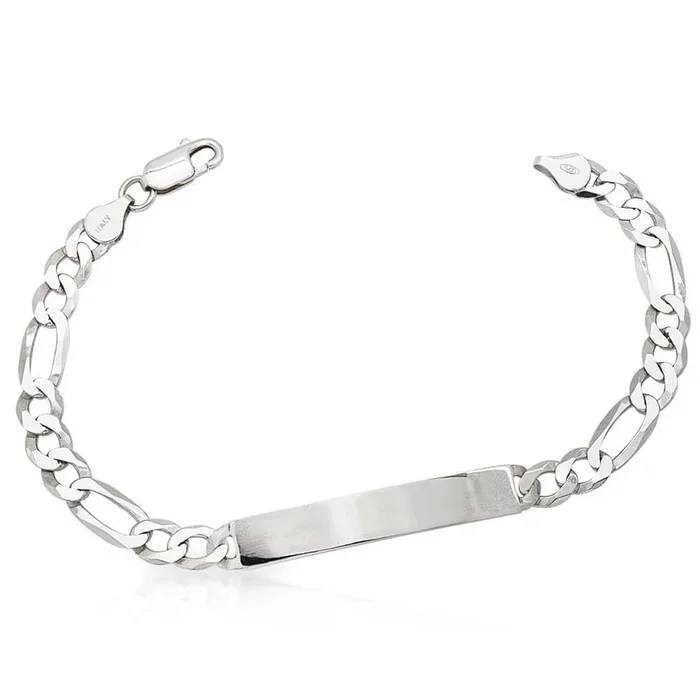 925 Sterling Silver 6.5mm Figaro I.D. Bar Bracelet 8″