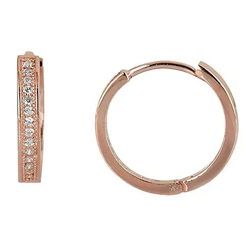 .925 Sterling Silver Rose Tone White Channel Set CZ Hoop Huggie Earrings – 16mm