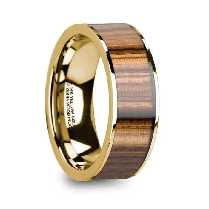 AEGIS 14K Yellow Gold Polished Wedding Band with Zebra Wood Inlay – 8mm