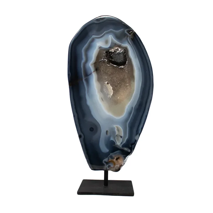 Agate Druze Geode on Post Stand from Brazil with Navy Agate & Dissolved Calcite Crystal Inclusion of Black Druze