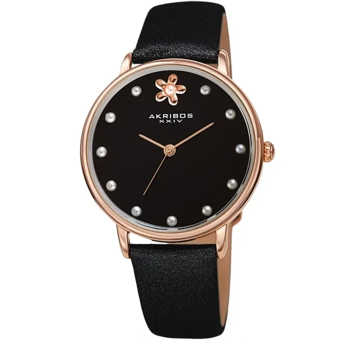 Akribos Xxiv Quartz Black Dial Black Leather Ladies Watch AK1084BKWatch