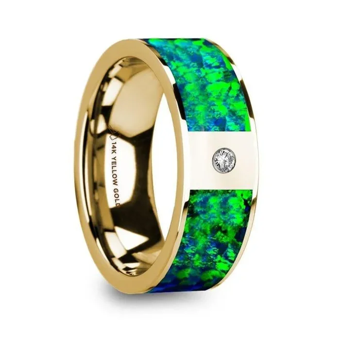 ALEXIS Flat Polished 14K Yellow Gold Ring with Emerald Green and Sapphire Blue Opal Inlay & Diamond Setting – 8mm