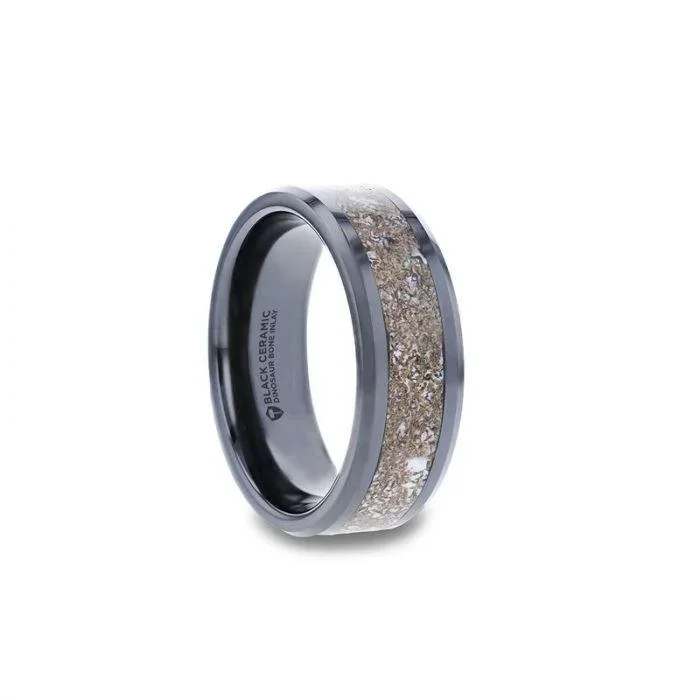 ALLOSAURUS Black Ceramic Flat Beveled Wedding Ring with White Dinosaur Bone Inlay – 8mm