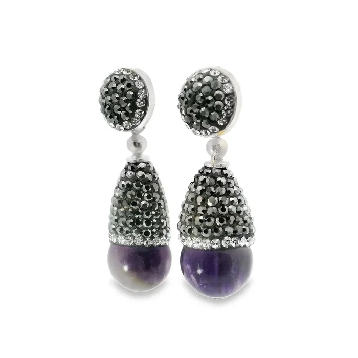 Amethyst Dangle Earrings – Amethyst Sphere Below Reverse Cone of Marcasite & Silver Swarovski Crystals with 925 Sterling Silver