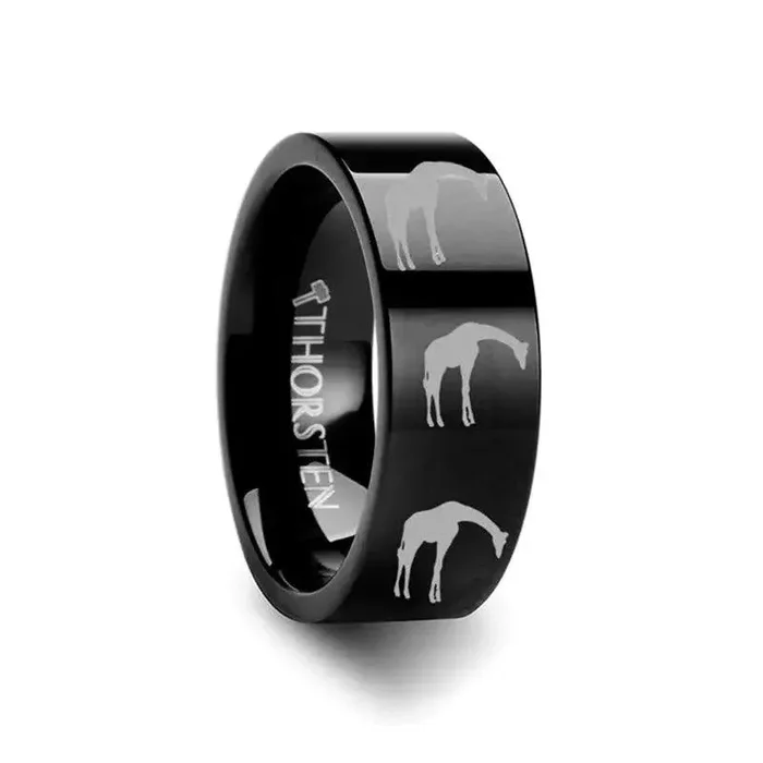 Animal Giraffe Print Engraved Flat Black Tungsten Ring – 4mm – 12mm