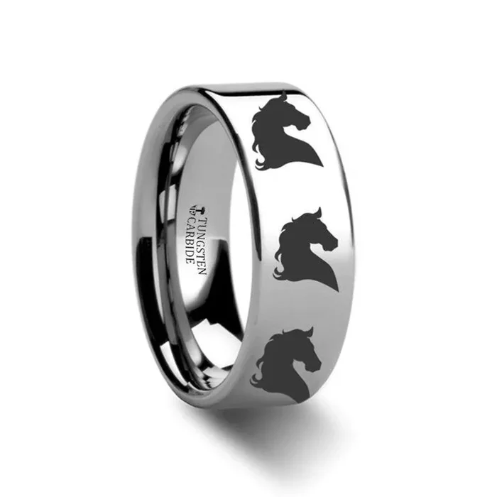 Animal Horse Head Print Engraved Flat Tungsten Ring – 4mm – 12mm