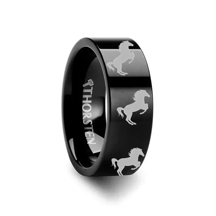 Animal Horse Hind Legs Print Engraved Flat Black Tungsten Ring – 4mm – 12mm