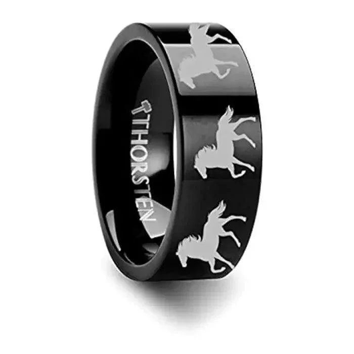 Animal Horse Print Engraved Flat Black Tungsten Ring – 4mm – 12mm