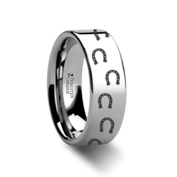 Animal Horse Shoe Print Engraved Flat Tungsten Ring – 4mm – 12mm