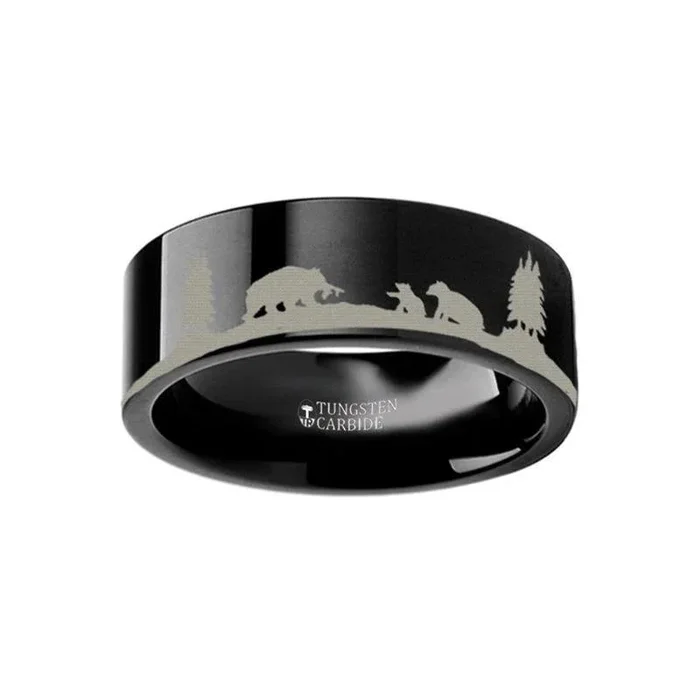 Animal Landscape Scene Bears Bear Cubs Engraved Flat Black Tungsten Ring – 4mm -12mm
