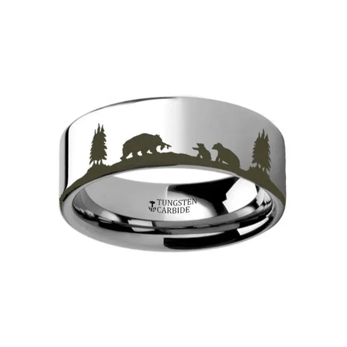 Animal Landscape Scene Bears Bear Cubs Engraved Flat Tungsten Ring – 4mm – 12mm