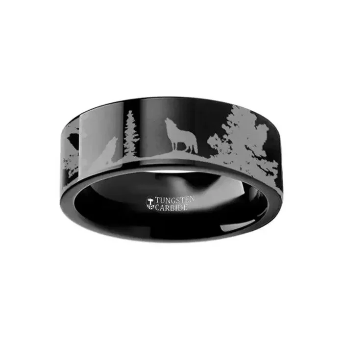 Animal Landscape Scene Wolf Wolves Engraved Flat Black Tungsten Ring – 4mm – 12mm