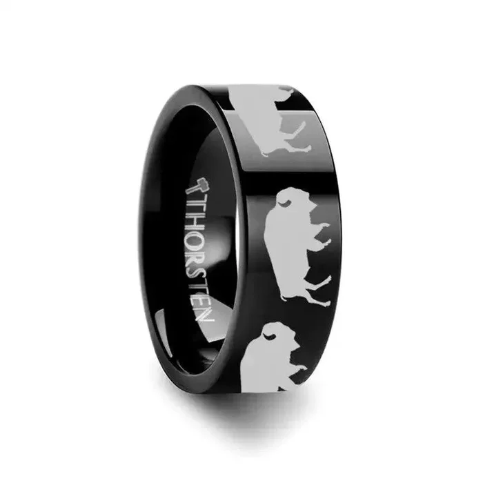 Animal Silhouette Buffalo Engraved Flat Black Tungsten Ring – 4mm – 12mm