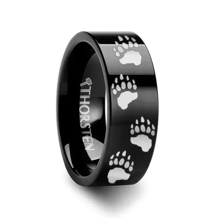 Animal Track Bear Paw Print Engraved Black Tungsten Ring Polished – 4mm – 12mm
