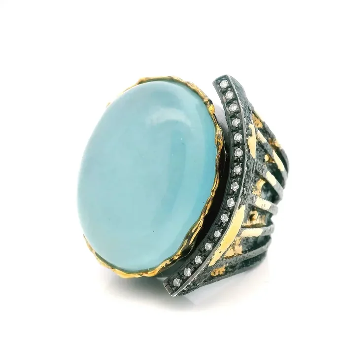 Aquamarine Ring – Oval Cabochon on Open Band with Curved Single Row Pave Diamonds & Dripped Gold Accents Bezel Set in 925 Sterling Silver sz8.5