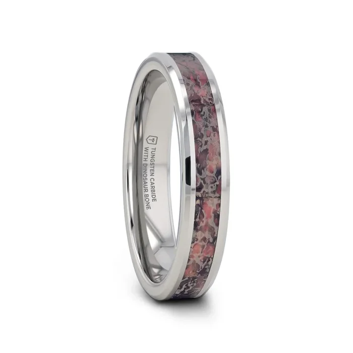 ARCHEAN Pink Dinosaur Bone Inlaid Tungsten Carbide Beveled Edged Ring – 4mm – 8mm