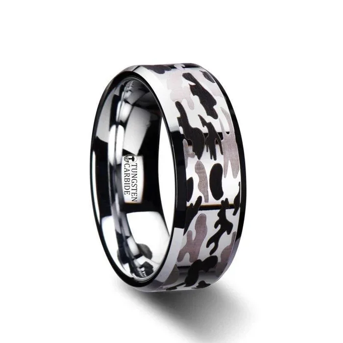 ARMISTICE Beveled Tungsten Carbide Ring with Laser Engraved Camo Pattern – 8 mm