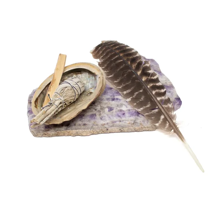 Aromatherapy Kit: Chevron Amethyst Platter with Abalone Shell & Palo Santo & White Sage Tulip & Feather