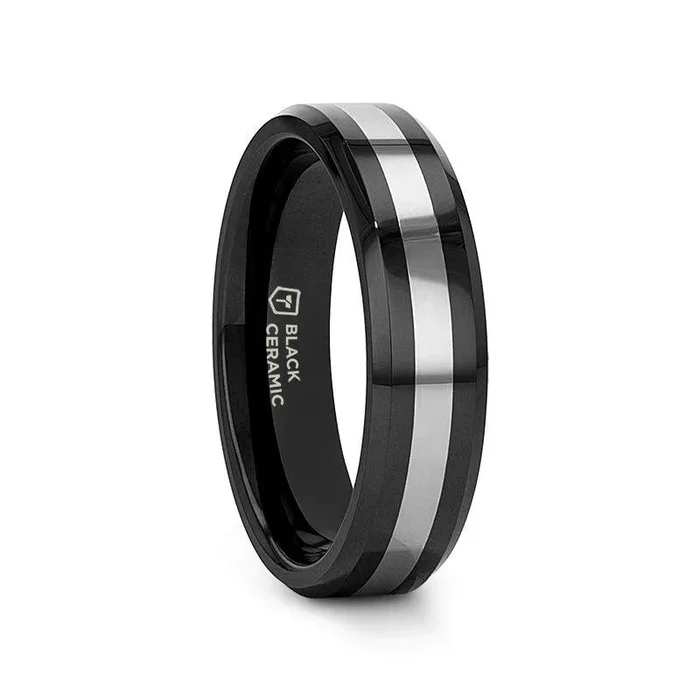 ASTADI Polished Black Beveled Ceramic Ring with Tungsten Inlay – 6mm (Limited Stock)