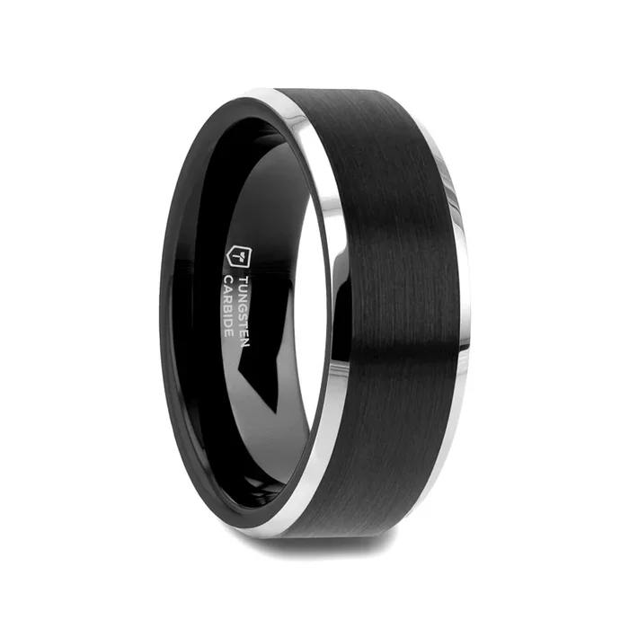 ASTON Black Brushed Center Tungsten Ring with Polished Beveled Edges – 4mm – 10mm