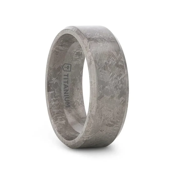 ASTRAIOS Flat Titanium Ring with Beveled Edges and Meteorite Pattern – 8mm