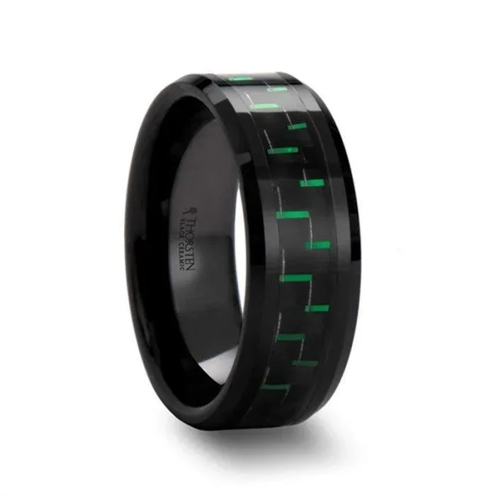 ATILUS Beveled Black Ceramic Wedding Band with Black & Green Carbon Fiber – 8mm