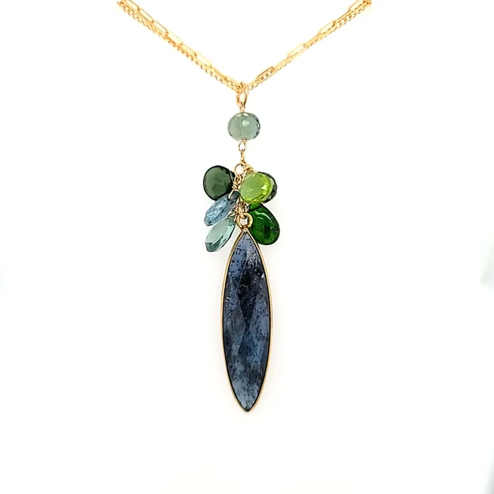 AVF Gold Elongated Kyanite w/ Peridot, Quartz, Moss Aqua & Chrome Diopside Cluster Necklace (SI3728)