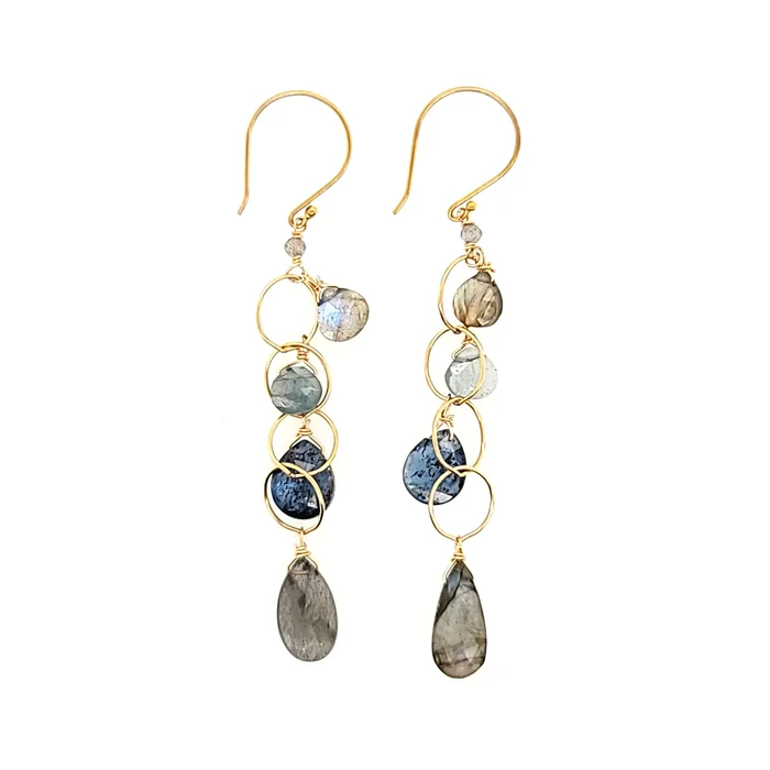 AVF Gold Labradorite, Kyanite & Moss Aqua Dangle Chain Earrings (SI2912)