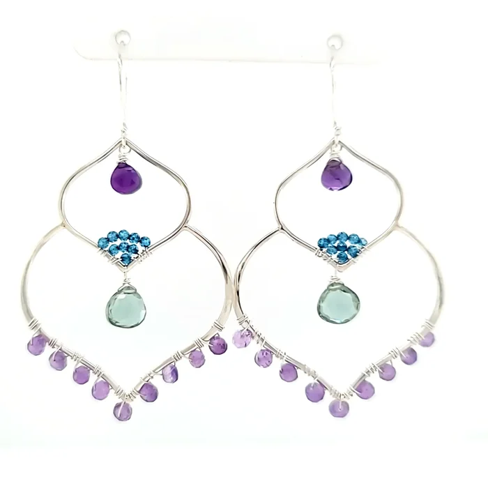 AVF Silver Moroccan Inspired Amethyst & Blue & Green Quartz Large Dangle Earrings (SI3758)