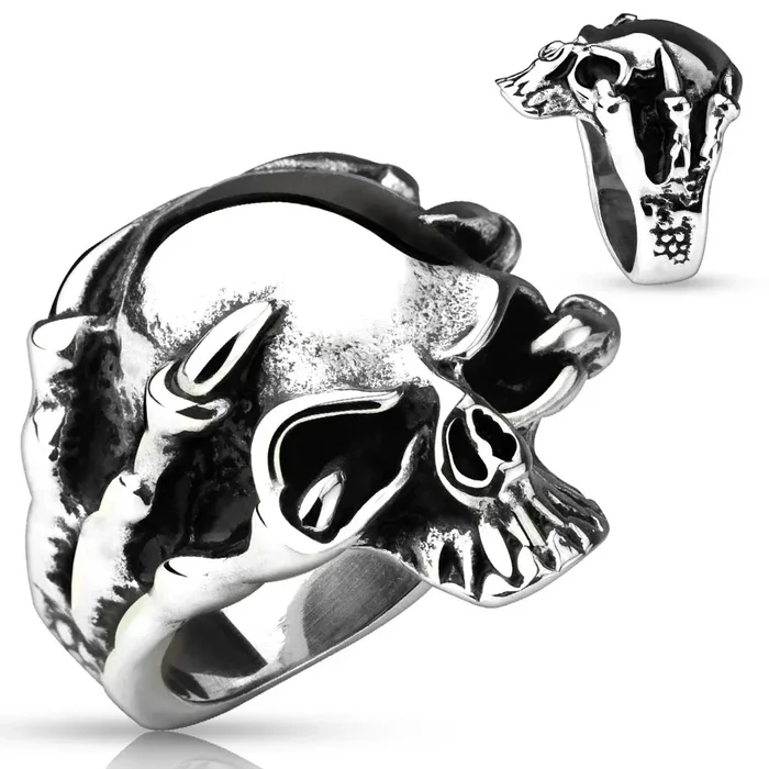 Awesome Stainless Steel Cast Ring of a Dragon’s Claw Grasping a Skull