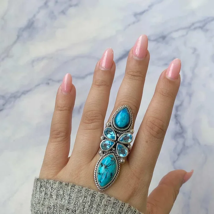 Azurite Malachite And Swiss Blue Topaz Crawler Adjustable Ring-(AZM-CLS-2.)