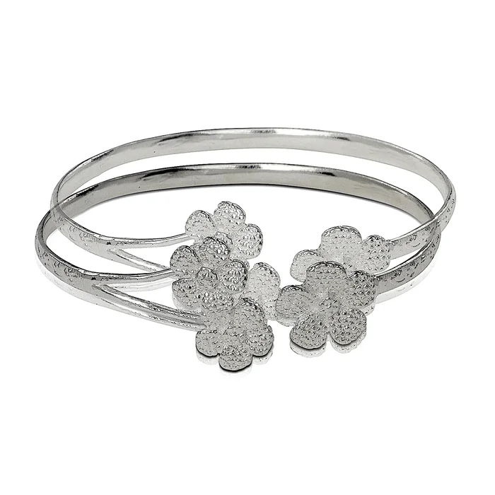 Better Jewelry .925 Sterling Silver Flower Ends Flat West Indian Bangles, 1 pair
