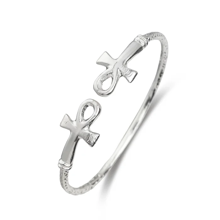 Better Jewelry Solid .925 West Indian Silver Bangle with Ankh Cross Ends, 1 piece