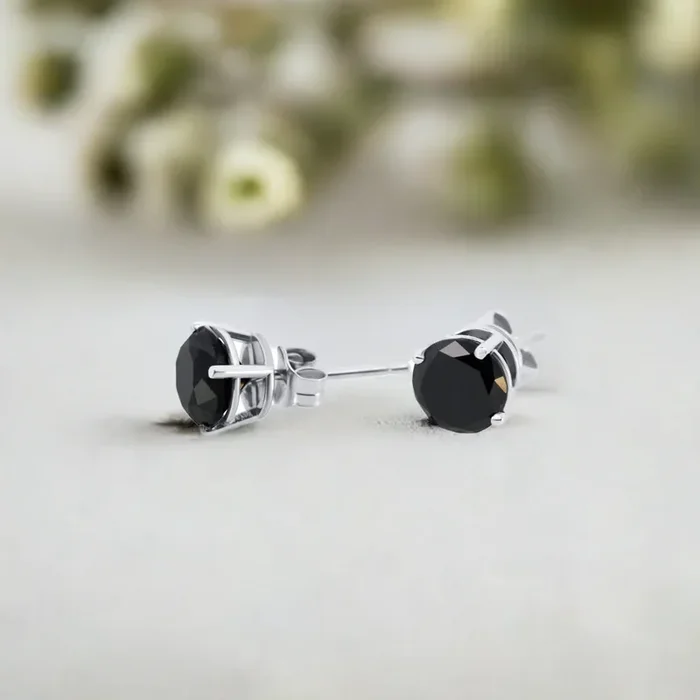 Black Diamond Stud Earrings in 14K White Gold – Classic Four-Prong Setting