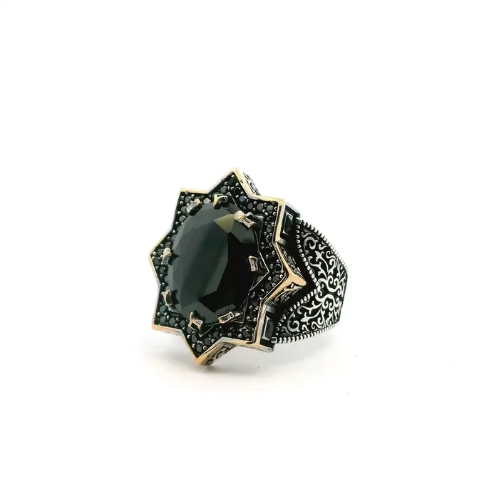 Black Onyx Ring – Faceted Oval Prong Set in Star Design with Single Row Pave Black Nanostones & Side Swirl & Bead Details in Gold Vermeil with 925 Sterling Silver sz11.5