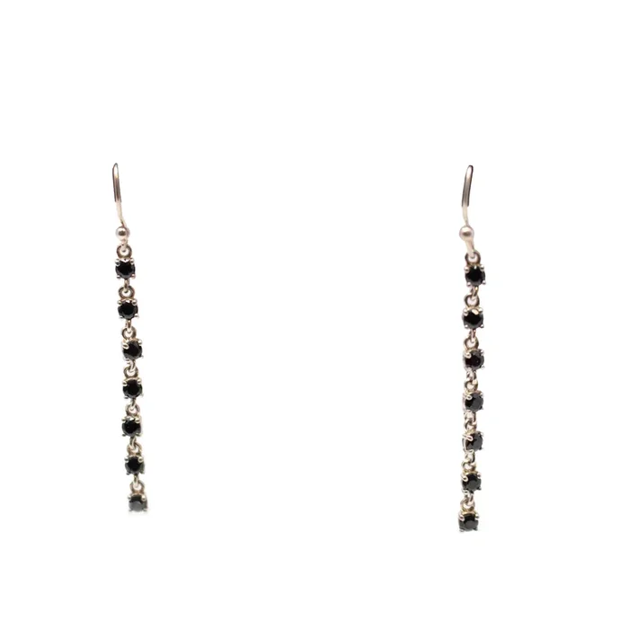 Black Spinel Dangle Earrings – 7 Faceted Dangling Rounds – Prong Set