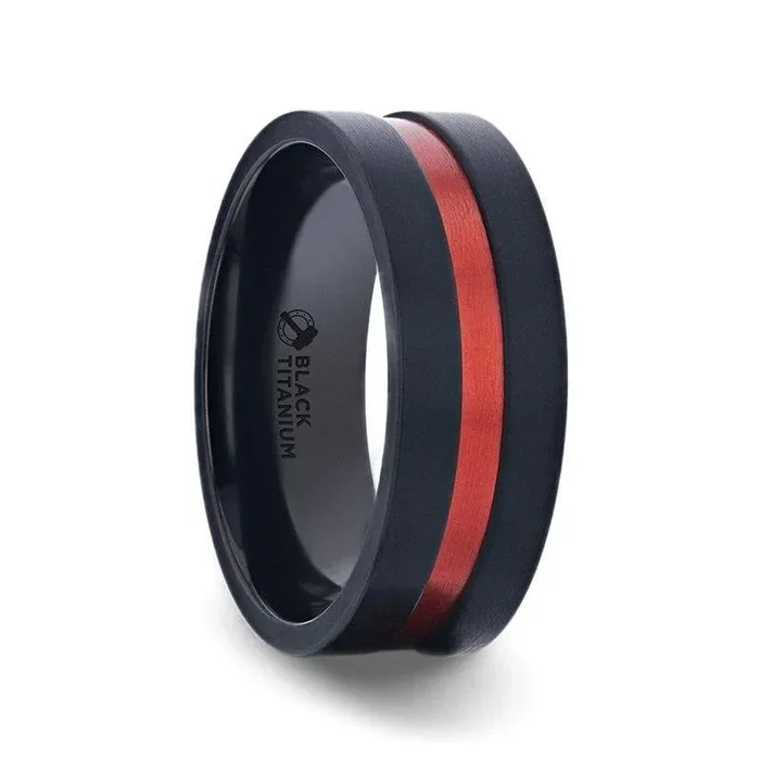 BLAZE Flat Brushed Black Titanium Men’s Wedding Band With Red Aluminum Groove Brushed Center – 8mm