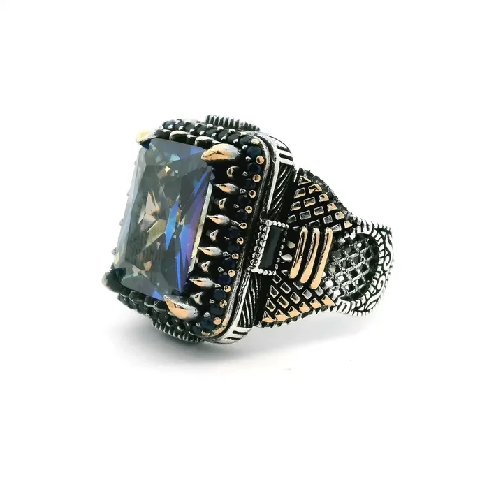 Blue Mystic Topaz Ring – Faceted Rectangle in Designer Sawtooth Setting with Sapphire Nanostones & 4 Rectangles in 925 Sterling Silver with Gold Vermeil Accents sz11