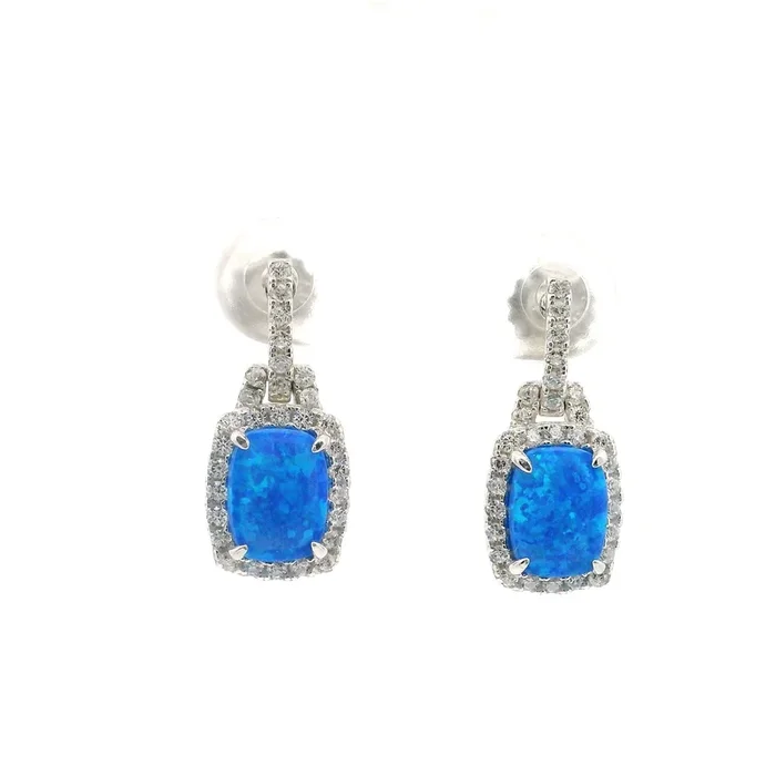 Blue Opal Earrings on Post – Rectangle Cabochon with White CZs in Bail & Surrounding Prong Setting in 925 Sterling Silver