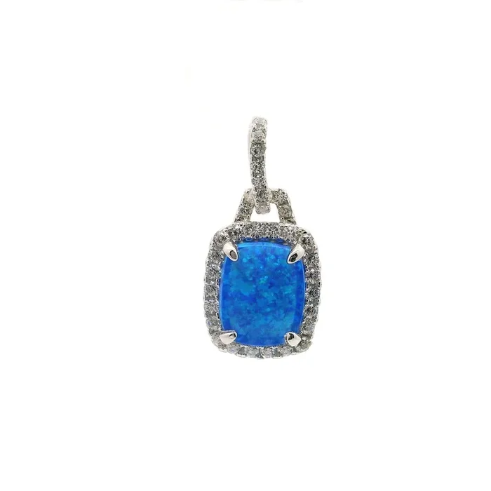 Blue Opal Pendant – Rectangle Cabochon with White CZs in Bail & Surrounding Prong Setting in 925 Sterling Silver