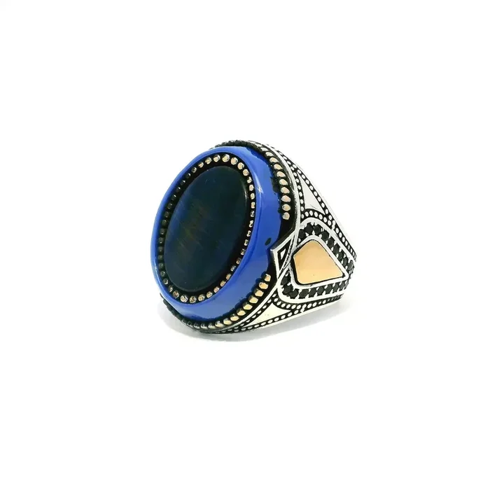 Blue Tigers Eye Ring – Oval Flat Bezel Set with Gold Vermeil Bead Details & Larger Blue Oval & Black Pave Nanostones on Band in 925 Sterling Silver sz8.25