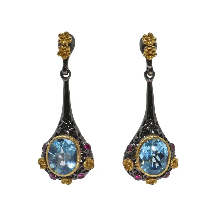 Blue Topaz Dangle Earrings On-post – Faceted Oval with Mini Ruby Rounds & Gold Vermeil Flowers on Cutout Drop