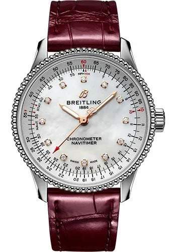 Breitling Navitimer Automatic 35 Watch – Stainless Steel – Mother-Of-Pearl Dial – Burgundy Alligator Leather Strap – Tang Buckle – A17395211A1P1Watch