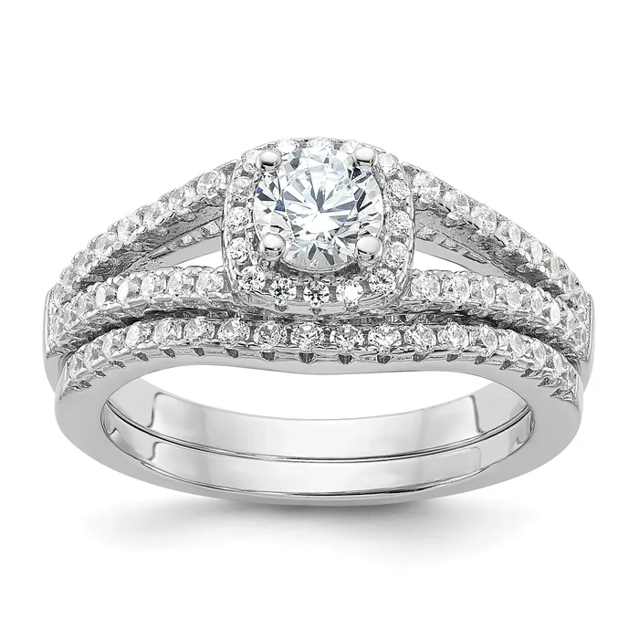 Brilliant Embers Sterling Silver Rhodium-plated 67 Stone Micro Pav‚ CZ 2 Piece Wedding Ring Set
