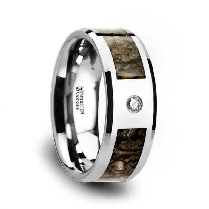 Brown Dinosaur Bone Inlaid Tungsten Carbide Diamond Wedding Band with Beveled Edges – 8mm
